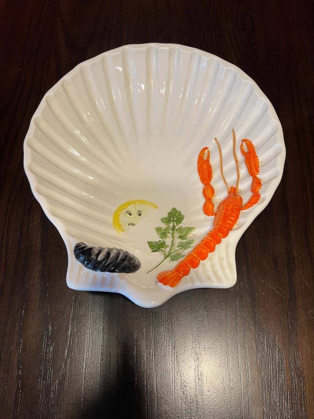 Vintage Italian Ceramic Shell-Shaped Serving Dish with Lobster Motif
